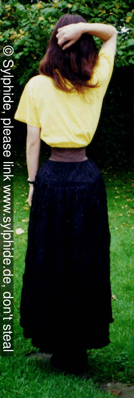 Satin corset 19 inch tightlaced to wasp waist crinkle skirt, elastic belt (back) Sylphide figure training tight lacing corset laced wasp waist tightlaced